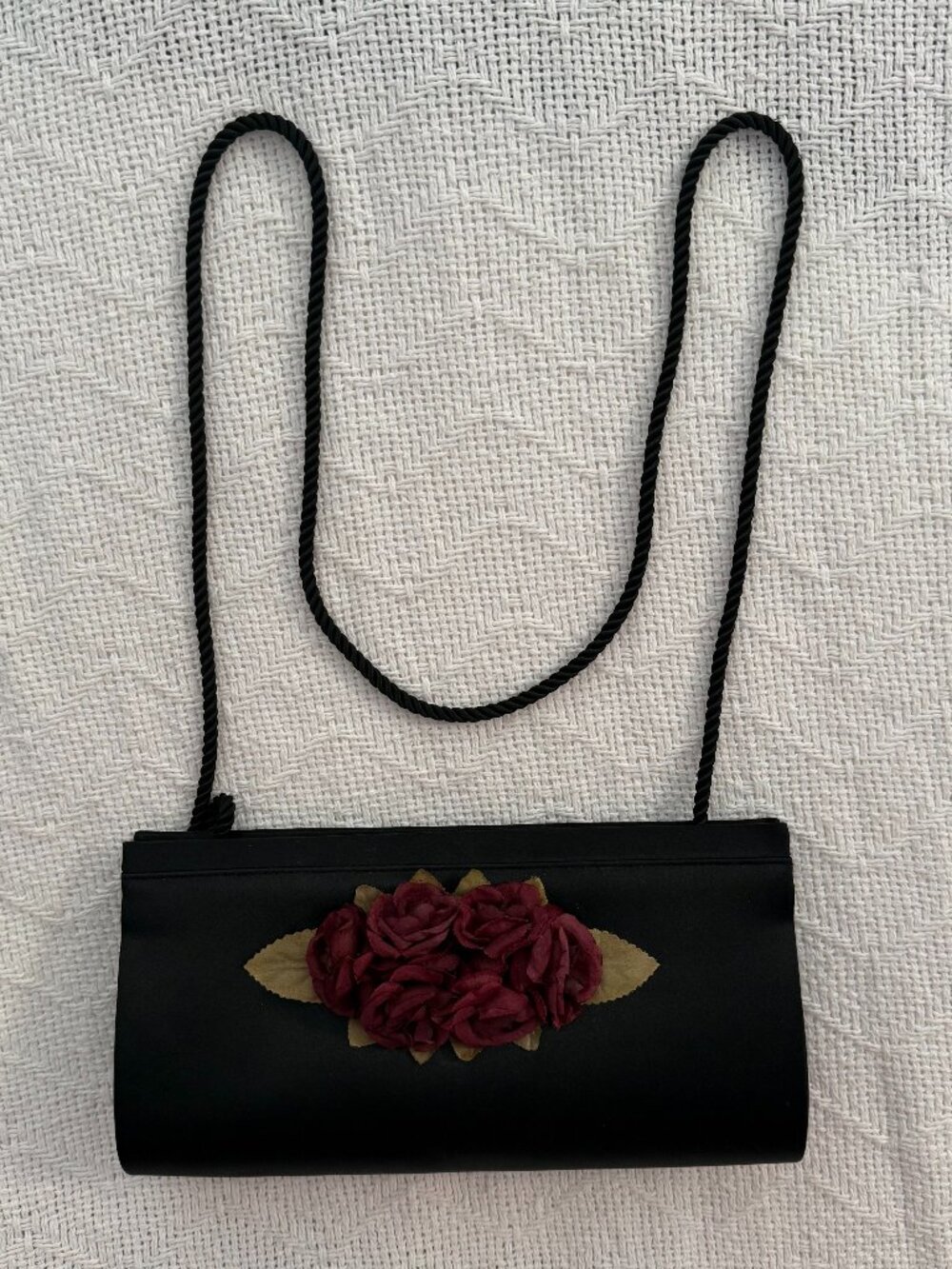 Lord & Taylor Black Evening Bag Clutch Purse Floral Accent Rope Strap